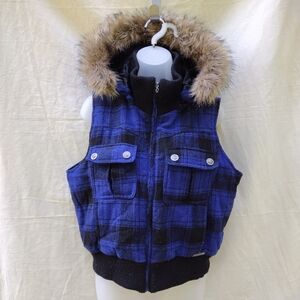Y2K Apple Bottoms Plaid Puffer Faux Fur Trim Hooded Vest Blue XL McBling 2000s